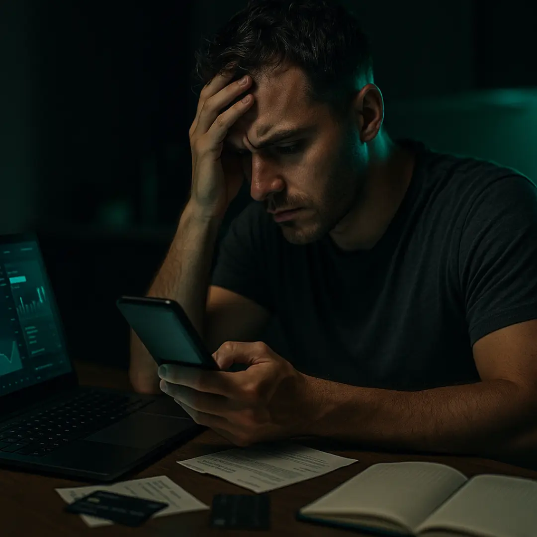 Pessoa frustrada olhando celular com papéis financeiros espalhados