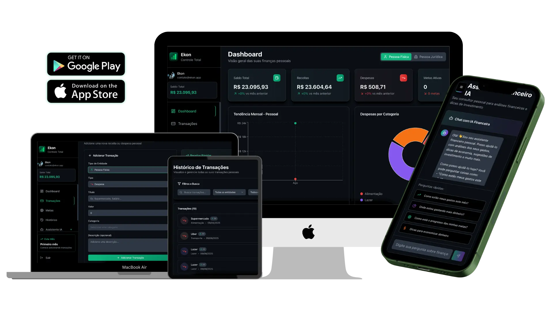 Plataforma Ekon - Dashboard completo em web, tablet e mobile