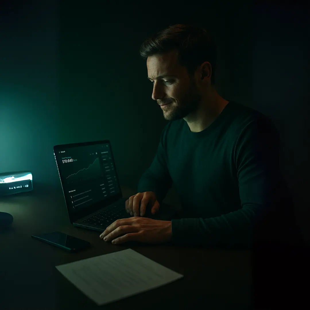 Pessoa satisfeita usando dashboard financeiro no laptop